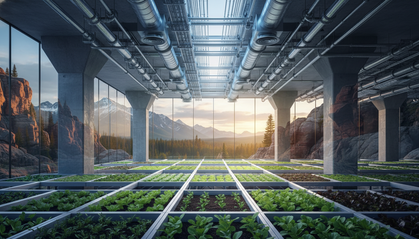 style overlay of an indoor agricultural facility. Foreground: precise rows of geometric plant trays and complex ventilation ductwork. Background: thick concrete structural pillars characteristic of an underground parkade. Lighting: bright natural lighting simulation highlighting the pristine, sterile environment.
