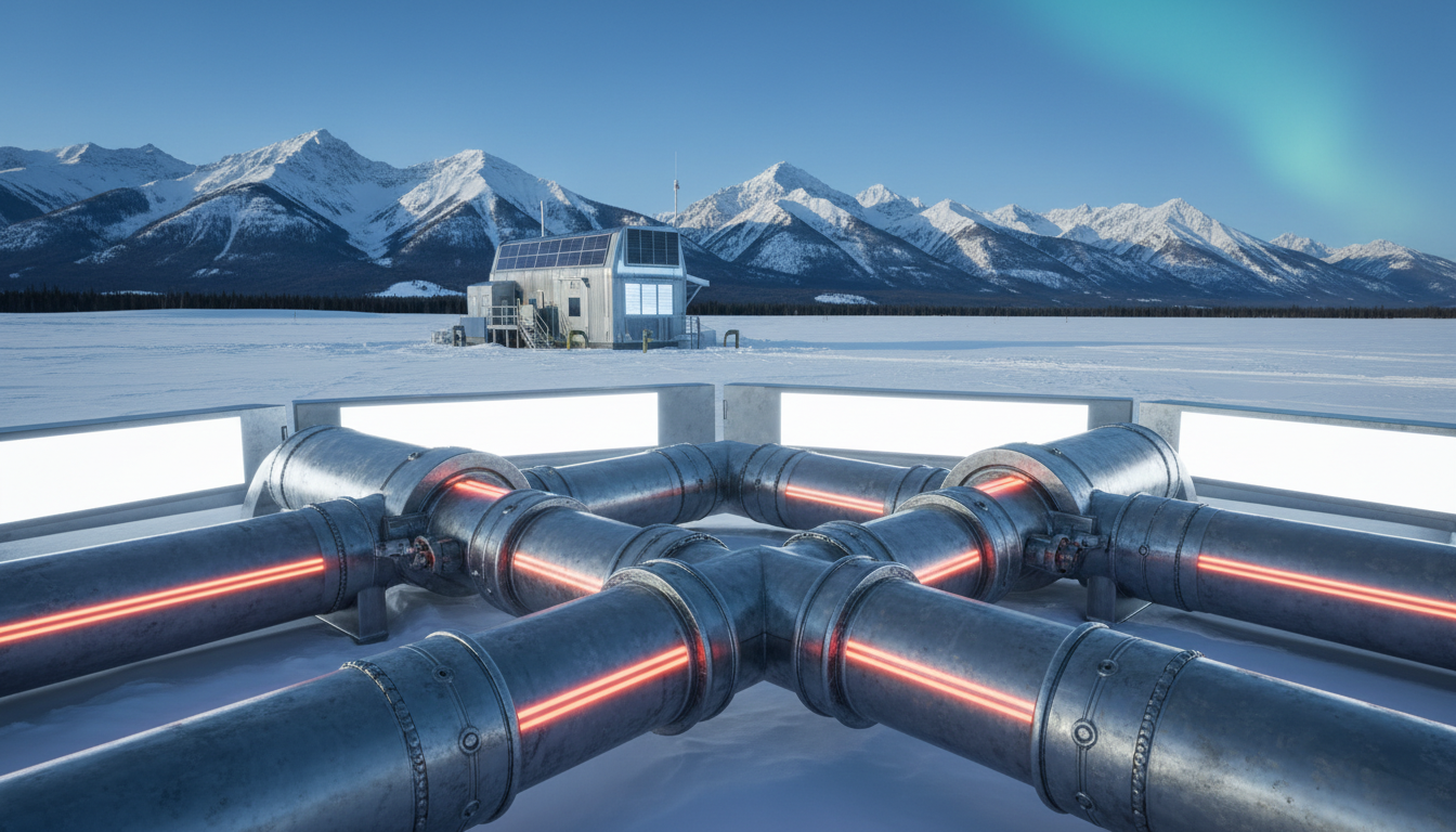 section of dual horizontal drilling pipes receiving radiant thermal energy. Background: A pristine, snow-covered northern landscape with a compact, modern energy facility. Lighting: Bright, clinical studio lighting emphasizing structural engineering and clean geometric lines, containing no text or numbers.