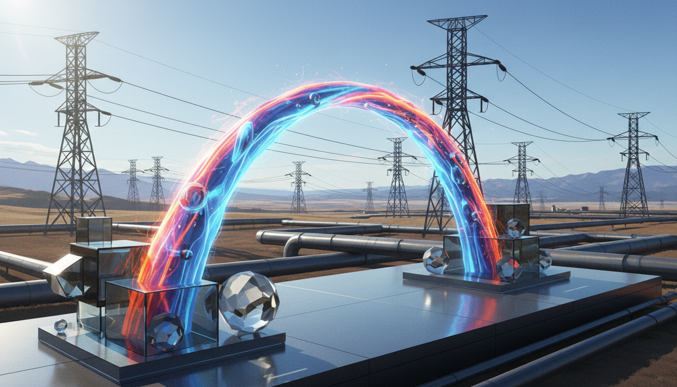 style overlay illustration. Foreground: A glowing arch of plasma interacting with abstract cubes and spheres. Background: Silhouettes of electrical grid transmission towers and industrial pipelines. Lighting: Bright natural lighting highlighting the clean architectural lines and the energetic conversion process.