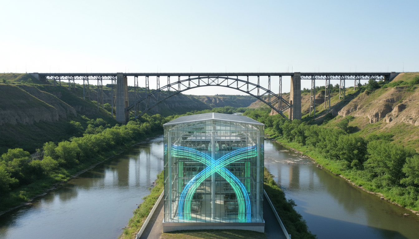 tech, transparent energy facility showing internal glowing conduits. Background: The iconic High Level Bridge of Lethbridge spanning a wide, clean river valley. Lighting: Bright natural lighting emphasizing growth, clarity, and technological harmony.