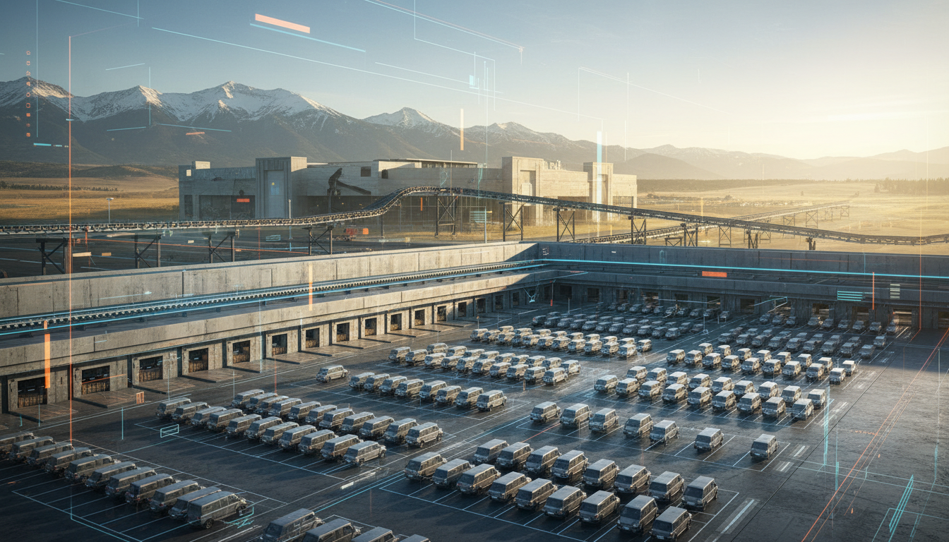 style overlay digital illustration. Foreground: A fleet of autonomous delivery vehicles lined up systematically at futuristic, reinforced loading bays. Background: Faint, ghostly outlines of traditional mall architecture fading into sharp, geometric supply chain nodes and conveyor systems. Lighting: Bright natural lighting mimicking a crisp Alberta morning, highlighting the structural lines and analytical precision of the blueprint. No text or UI elements.