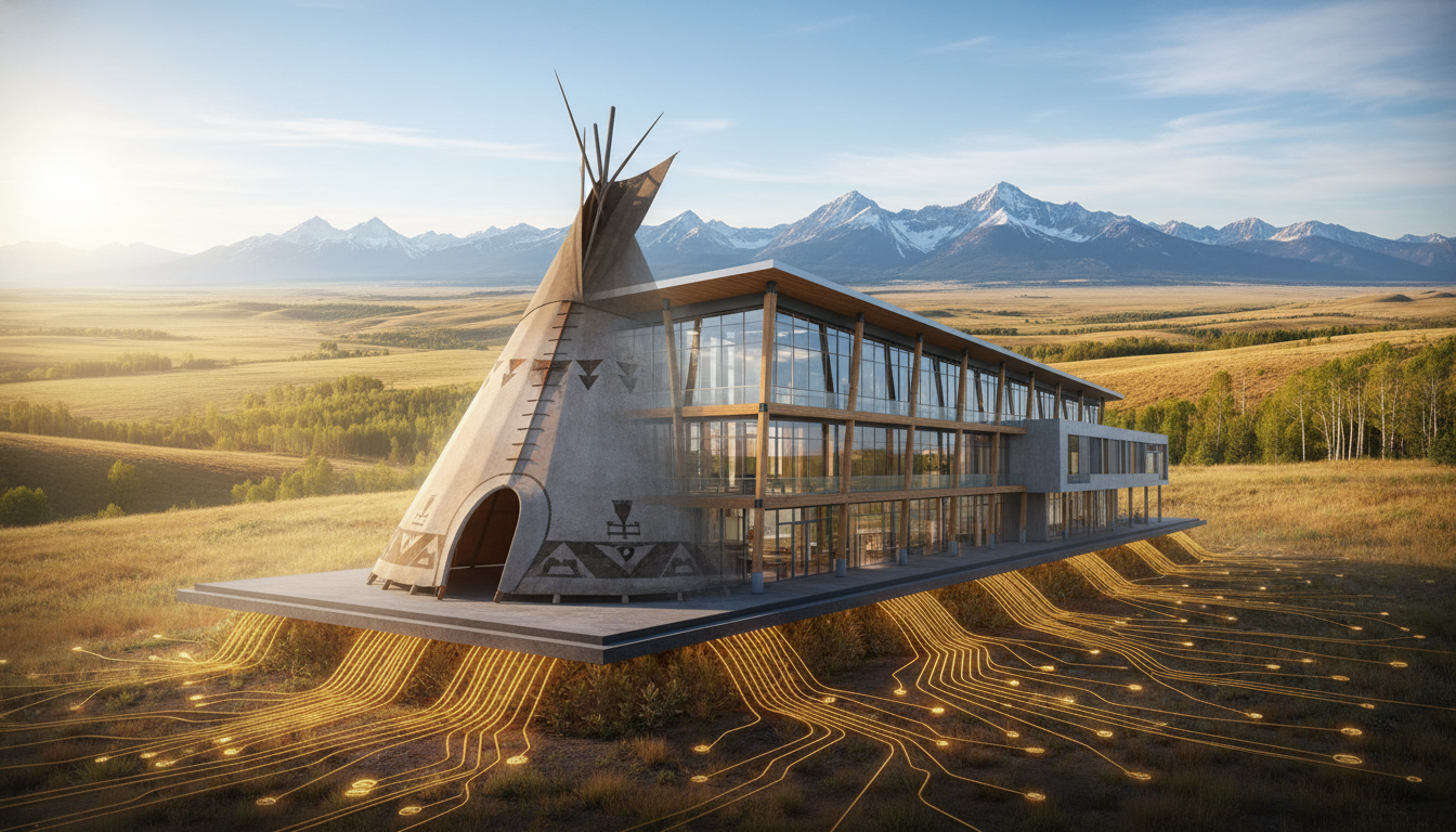 style overlay illustration. Foreground: A traditional Indigenous tipi structure merging into the high-tech foundation of a modern cultural center. Background: Rolling foothills transitioning into expansive prairies. Lighting: Crisp, bright natural lighting emphasizing structural lines and growth mechanics. Focus on the feeling of ancestral knowledge building modern economic infrastructure.