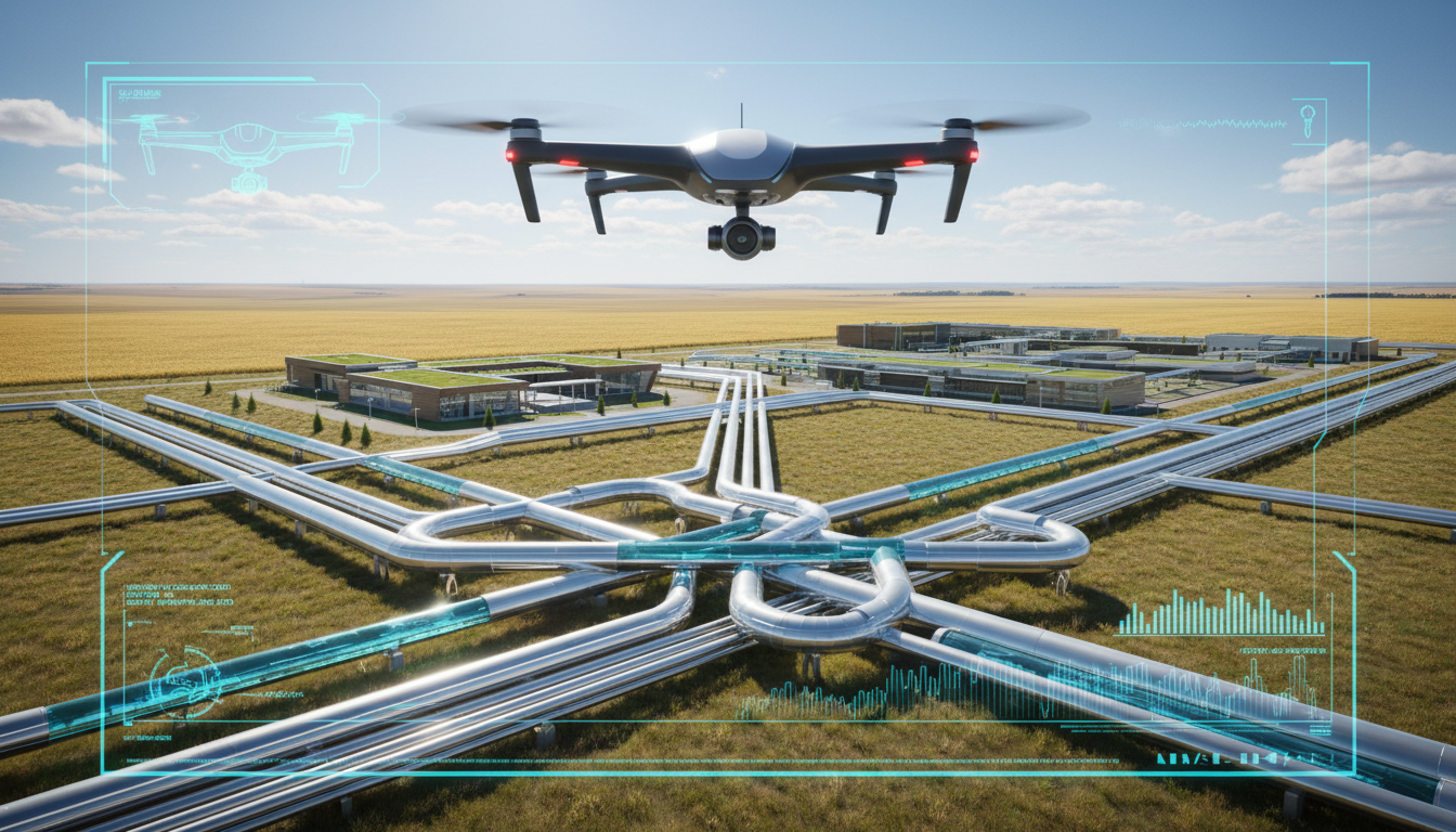 lift drone hovering precisely over a stylized pipeline junction. Background: A sprawling, high-tech campus blending seamlessly into the flat Alberta prairies. Lighting: Bright natural lighting illuminating the scene, with intricate blueprint-style overlays detailing the drone's aerodynamics and data-link frequencies.