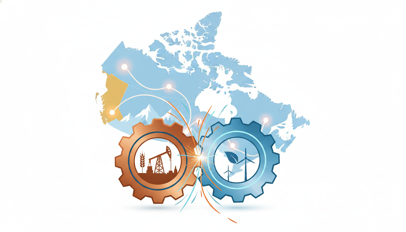 style vector illustration. Foreground: Two massive, interlocking gears—one representing provincial industry, the other federal ecology—grinding against each other. Background: A minimalist, abstract map of Canada with energy nodes pulsing in Alberta. Lighting: Clinical, bright natural lighting highlighting the precise mechanical tension between the gears.