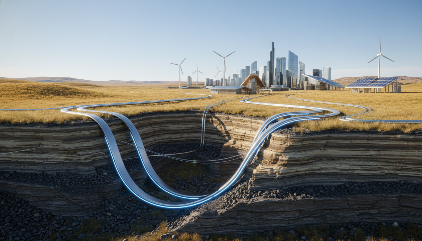 section of the Alberta earth showing stratified layers of traditional resources and modern geothermal loops. Background: A futuristic, sustainable prairie skyline. Lighting: Bright natural lighting simulating a clear high-noon sun, emphasizing educational transparency and structural depth.