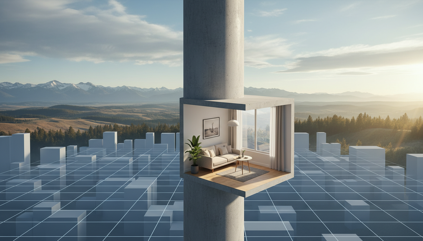 style overlay mixed with a clean isometric view. Foreground: A stylized, glowing structural concrete column morphing seamlessly into a cozy, modern micro-apartment living space. Background: Abstract geometric city grids representing municipal zoning. Lighting: Bright natural lighting with sharp, educational clarity.