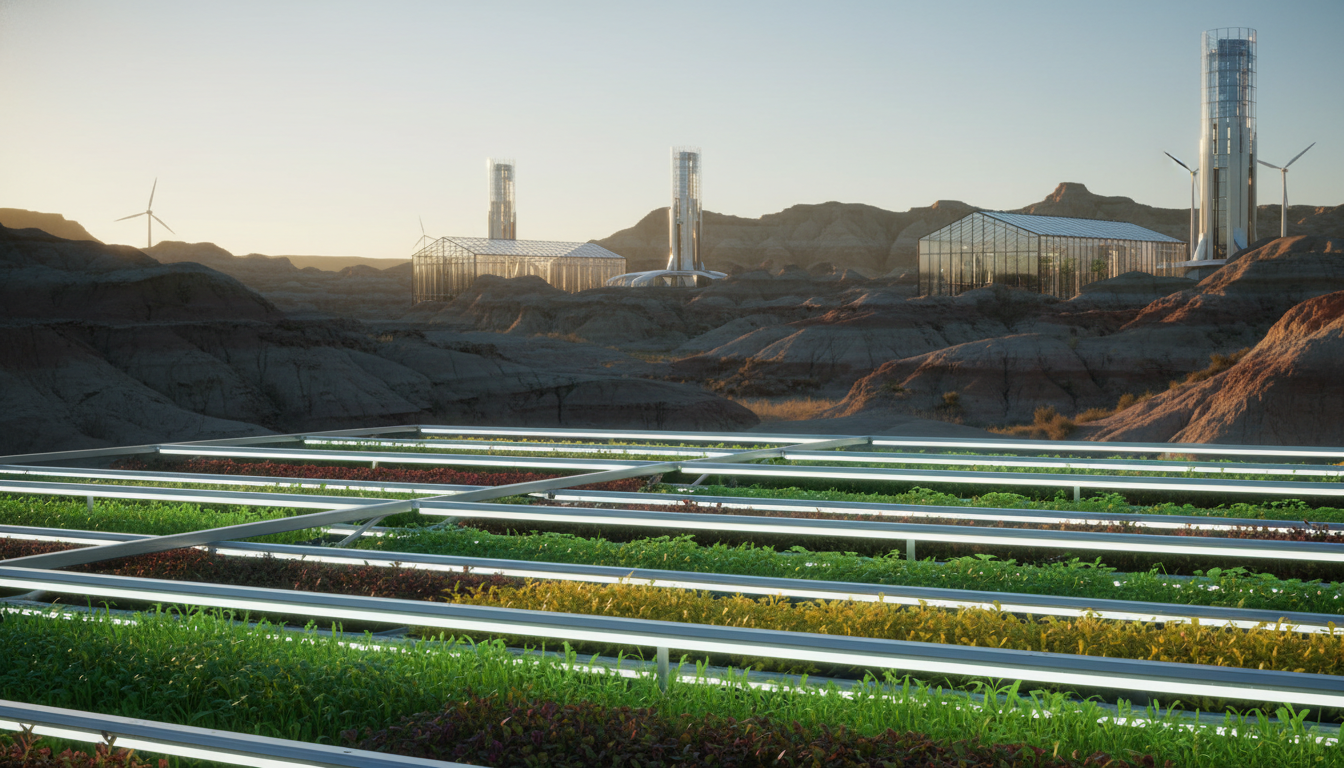 style overlays. Foreground: A glowing LED array illuminating rows of microgreens. Background: The silhouette of the Alberta badlands integrated with sleek, modern agricultural infrastructure. Lighting: Bright natural morning lighting conveying growth and educational clarity. No text or numbers.