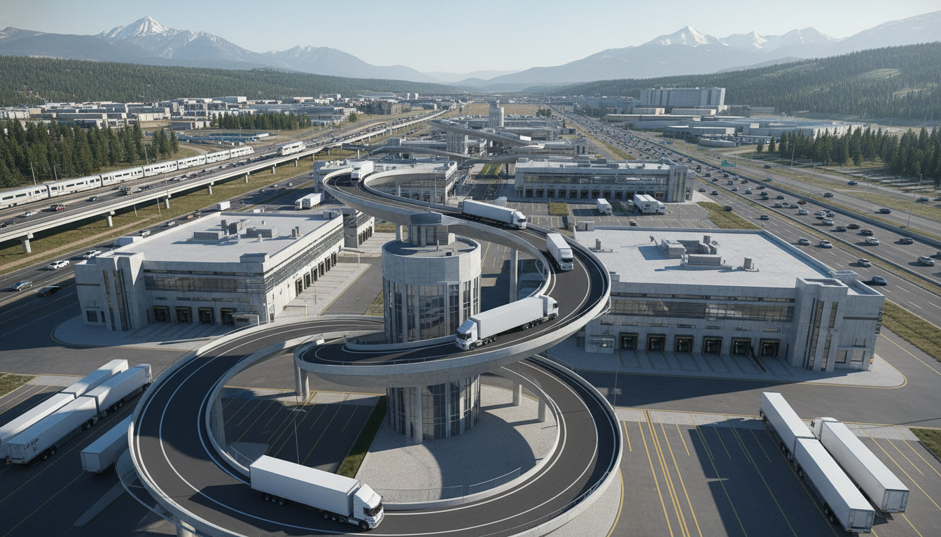 story, futuristic warehouse concept with truck ramps leading to upper levels. Background shows a bustling secondary municipal hub with trains and highways intersecting. Lighting is bright natural lighting with a sterile, highly organized aesthetic. No text, numbers, or UI elements.