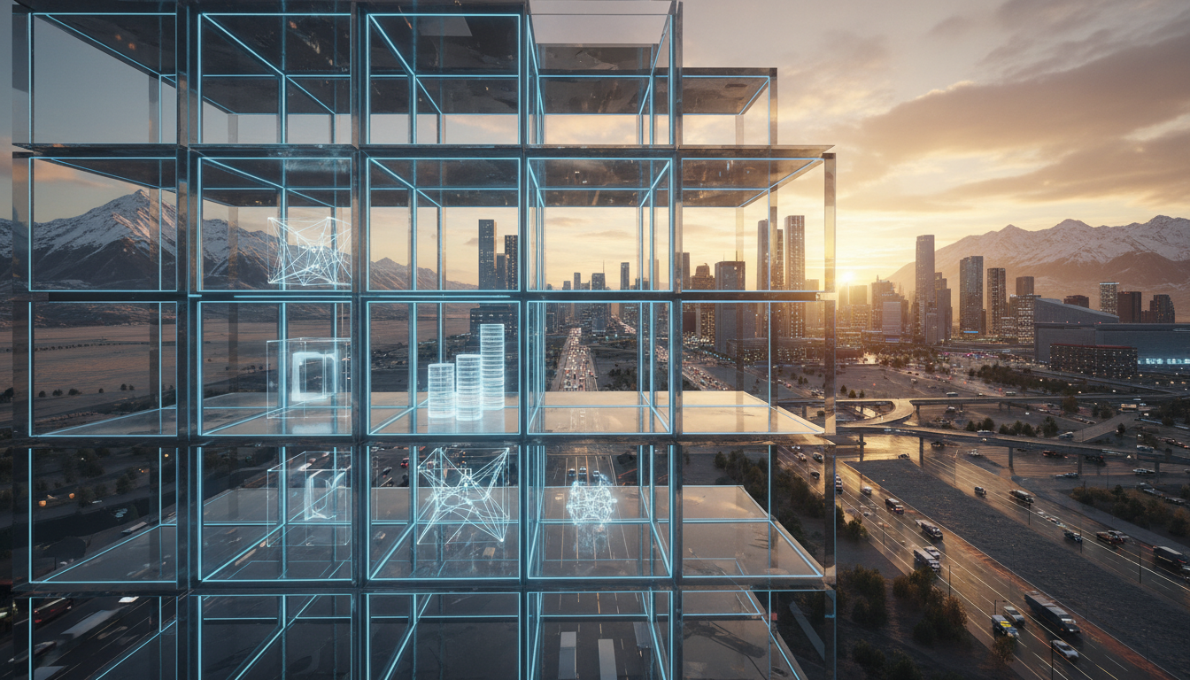style architectural overlay illustration. Foreground: A hollowed-out building structure divided into clean, modular micro-spaces. Background: A bustling urban street grid. Lighting: Bright, analytical studio lighting emphasizing the modular divisions.