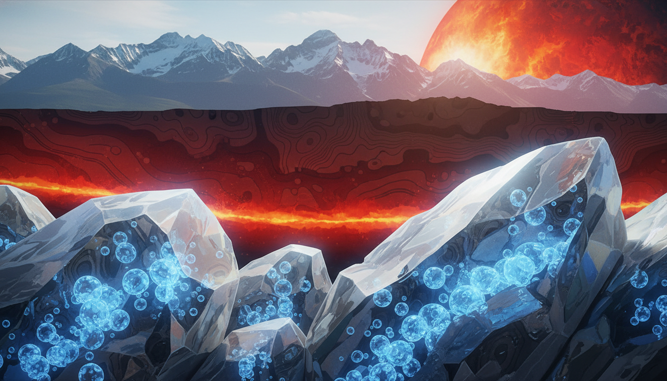 style overlay illustration. Foreground: crystalline rock structures trapping bubbles of gas. Background: the deep Precambrian basement rock fading into the earth's mantle. Lighting: bright natural lighting with glowing blue accents highlighting the trapped gas.