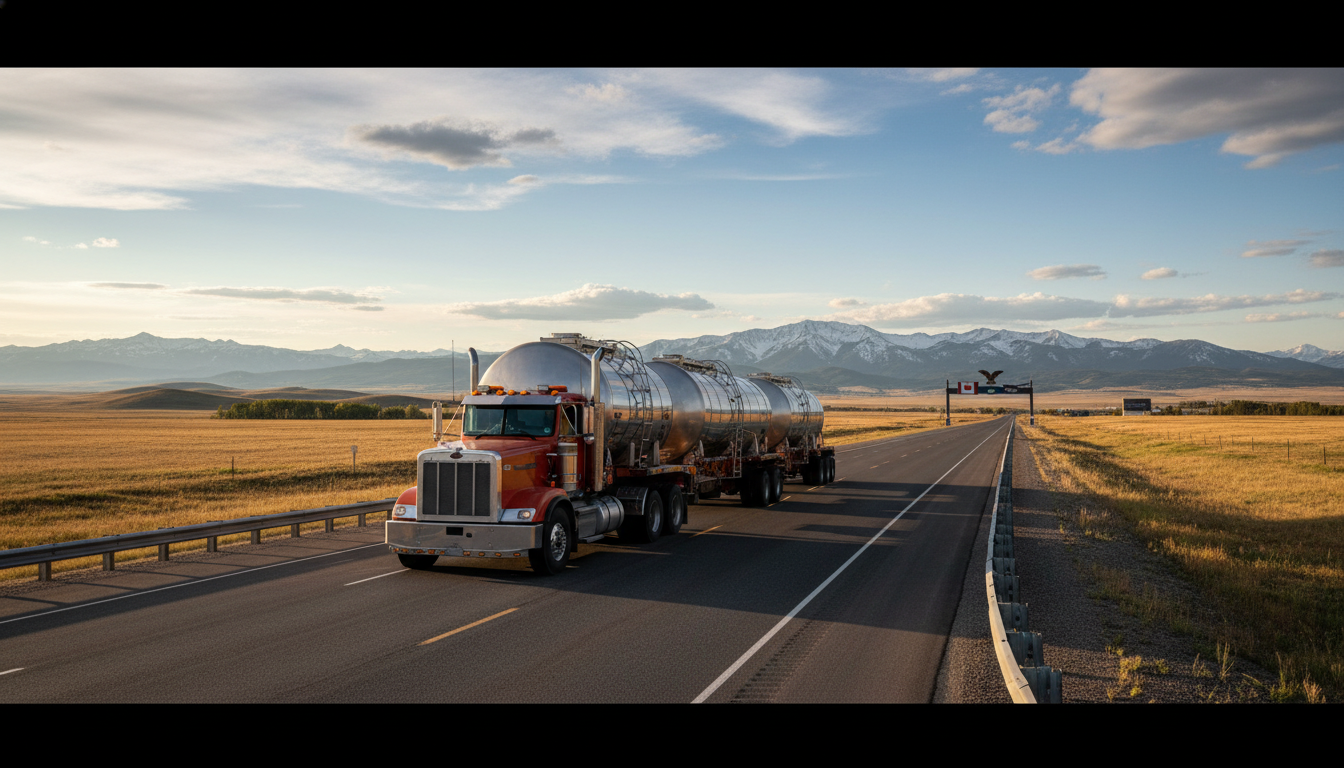 duty transport truck carrying cylindrical tanks. Background: a vast, open highway stretching toward a distant border crossing. Lighting: bright natural lighting casting crisp, clean shadows.