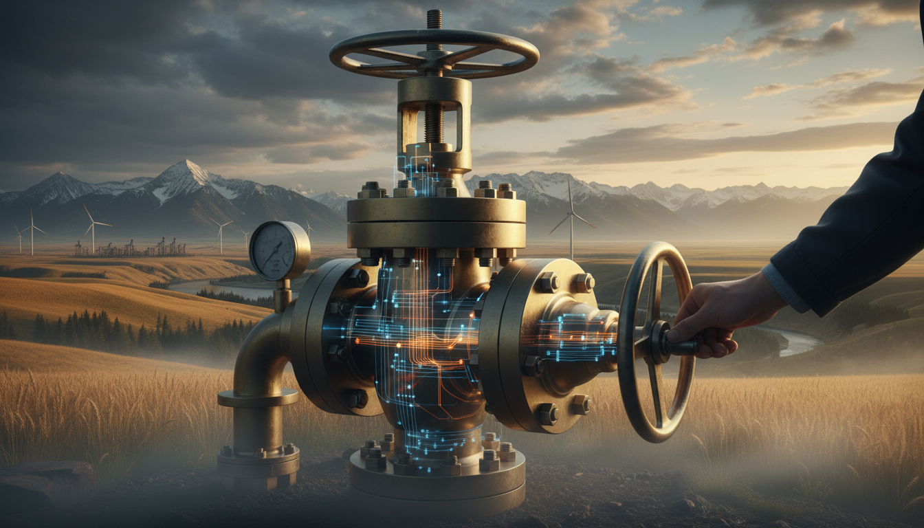 style overlays highlighting the valve's mechanisms. Focuses on the feeling of precise resource control.