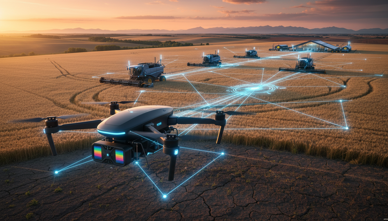 style overlays connecting the drone, sensor, and distant farm machinery in a digital network. Focuses on the feeling of advanced technological integration.