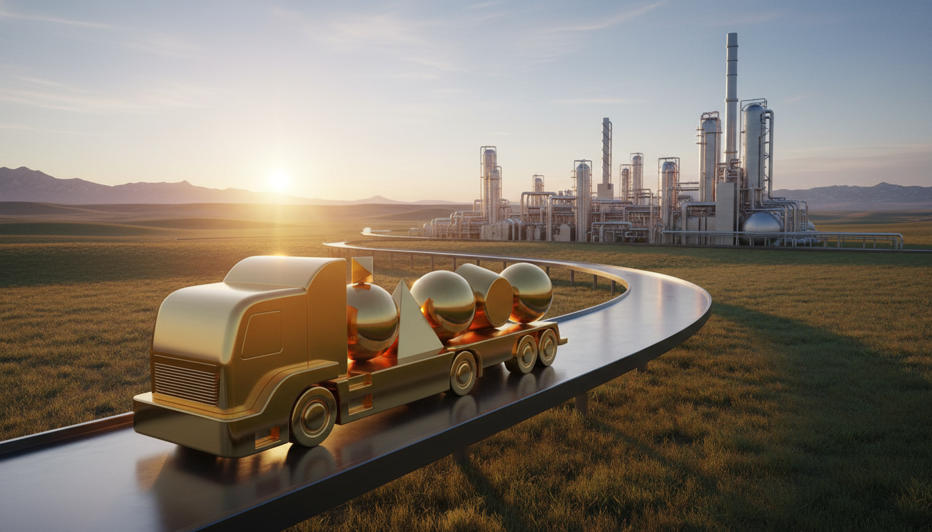 duty transport truck composed of pure geometric shapes, Background features a sprawling, stylized industrial refinery integrated into a vast prairie horizon, Lighting is bright natural lighting creating a hopeful, morning glow over the machinery. No text, numbers, or UI elements.