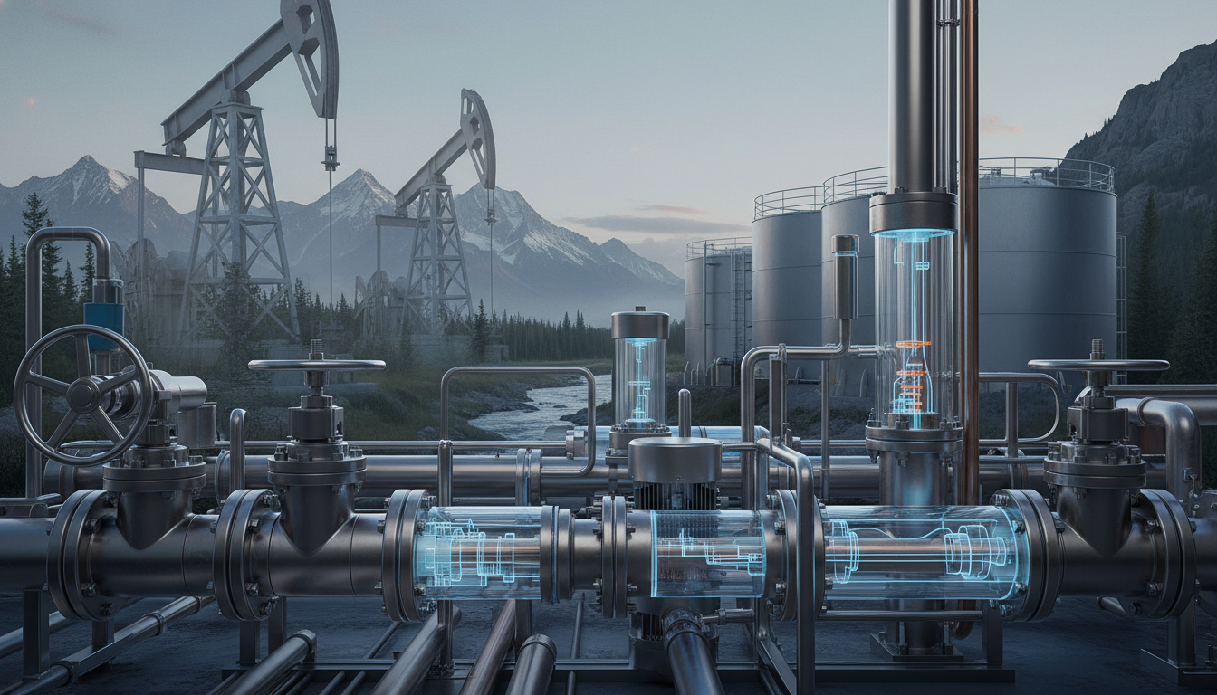 style overlay digital art piece. Foreground: Complex, interlocking water filtration valves, heavy-duty impellers, and massive industrial pumps rendered in precise technical linework. Background: Ghostly outlines of traditional oil derricks seamlessly morphing into modern water treatment silos. Lighting: Cool blue, glowing schematic lighting illuminating the fluid flow paths with stark, educational clarity.