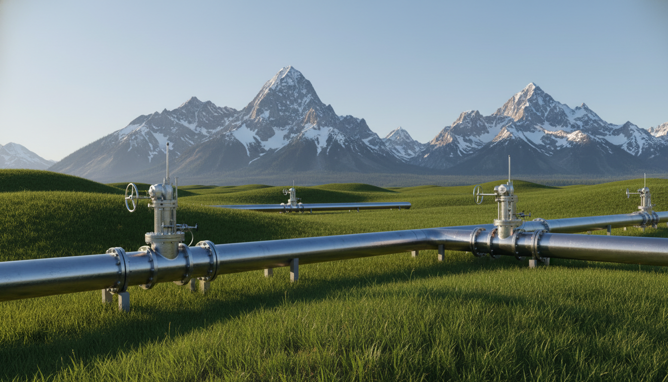 realistic 3D architectural render. Foreground: Heavy-duty, corrosion-resistant steel pipelines and automated injection wellheads seamlessly integrated into the grassy terrain. Background: The majestic Rocky Mountains rising sharply under a clear, cloudless sky. Lighting: Crisp morning sunlight casting precise, analytical shadows across the infrastructure, emphasizing structural integrity and engineering precision.