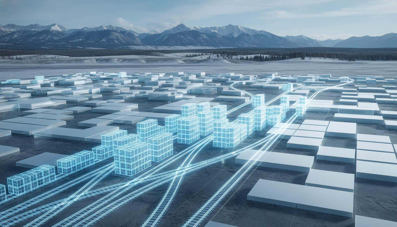 style overlay over a 3D render. Foreground: A translucent, glowing representation of a commercial rail yard with intersecting tracks and perfectly stacked cargo containers. Background: Abstract geometric blocks representing municipal zoning boundaries stretching across a flat plain. Lighting: Cool blue and white studio lighting highlighting the technical precision and engineered structure of the logistics network. (No text, numbers, or UI elements).