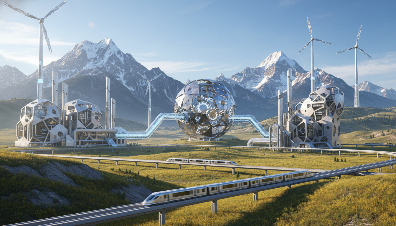 poly geometric shapes. Lighting: Bright natural lighting creating a clear, optimistic atmosphere of industrial synergy and mechanical precision. (No text, numbers, or UI elements).