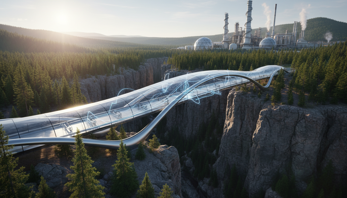beams. Background: A sprawling, futuristic energy refinery seamlessly integrated into a lush boreal forest. Lighting: Bright natural lighting illuminating the bridge, with intricate blueprint-style overlays showing structural load paths and data streams flowing across the span. No text, numbers, or UI elements.