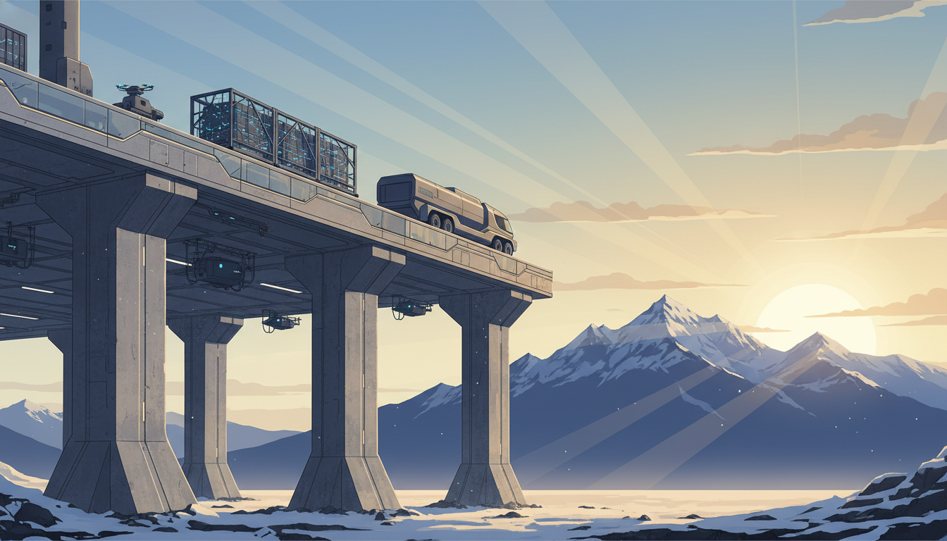 style vector illustration. Foreground: Heavy-duty concrete pillars supporting a suspended logistics floor with a massive transport truck parked on the second level. Background: The distant silhouette of the Rocky Mountains. Lighting: Bright, crisp morning light casting clean shadows, emphasizing the geometric precision of the structure. Focuses on the feeling of high-density industrial innovation.