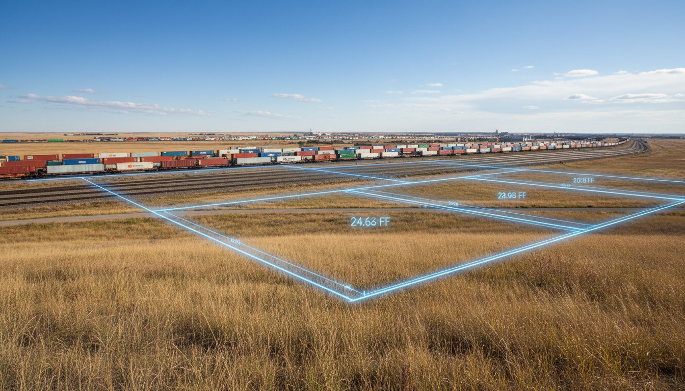 open prairie sky intersecting with a distant rail yard. Lighting: Bright natural lighting with subtle blueprint-style overlays showing the vast square footage metrics. Focuses on the feeling of limitless scale and operational flow.