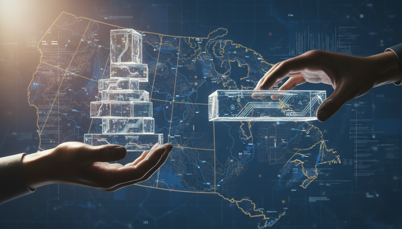 story building block, the other holds a wide, flat building block. Background: An abstract map of Alberta. Lighting: Bright, clean, educational lighting with blueprint-style grid lines. Focuses on the feeling of strategic economic balancing.