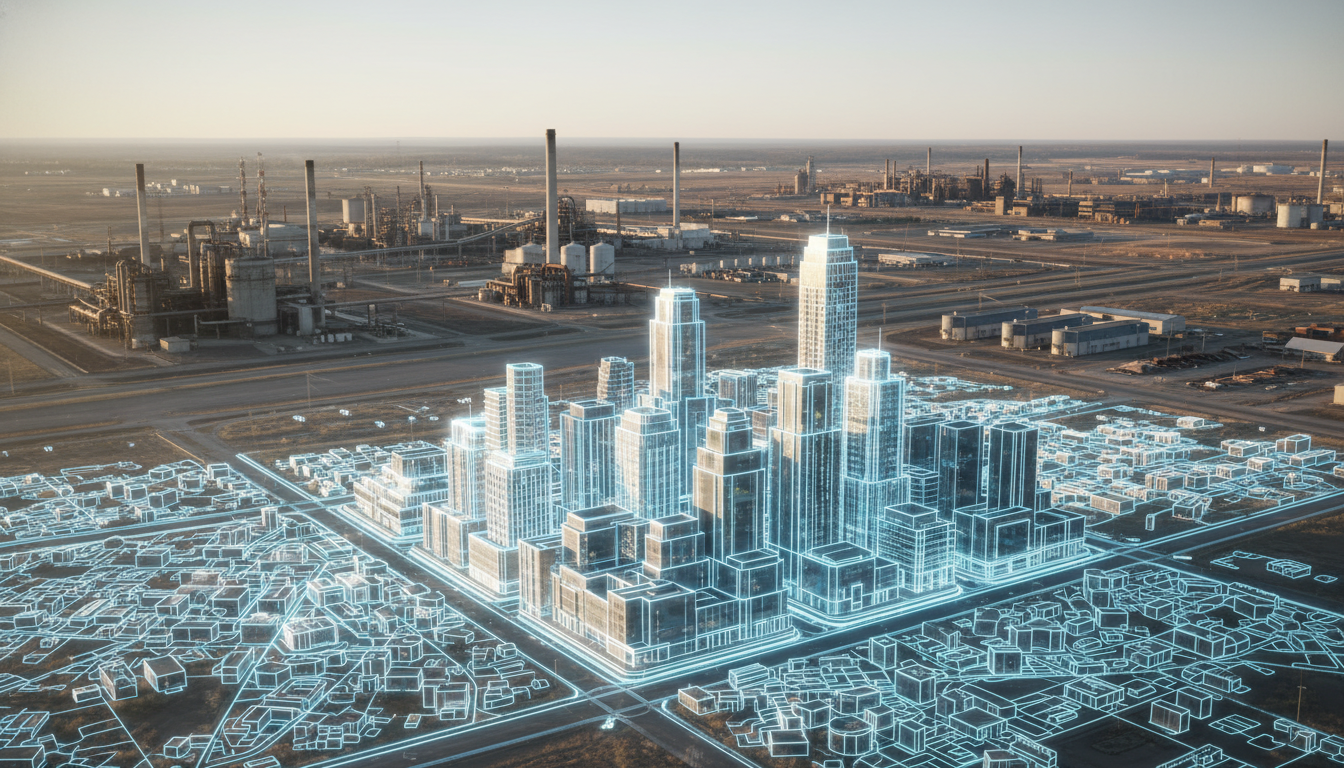 style overlay of a city map transforming into physical buildings. Foreground: precise architectural lines forming a tight, vertical cluster of modern commercial bays. Background: a wide-open, horizontal expanse of heavy industrial zoning fading into the horizon. Lighting: bright natural lighting with glowing blue and white wireframe accents that illuminate the structural pathways.