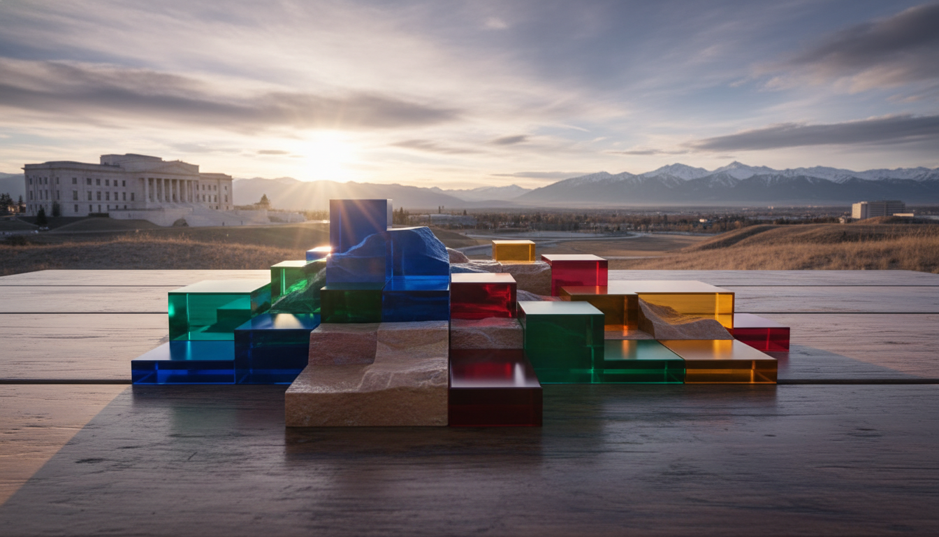 colored geometric blocks representing fragmented municipal zones. Background: A minimalist rendering of the Alberta legislature building. Lighting: Bright natural lighting casting sharp, analytical shadows across the varying elevations of the map blocks.