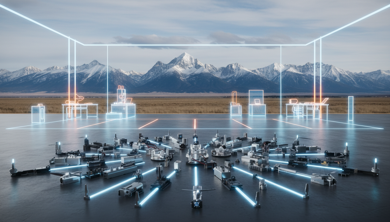 style overlay vector graphic. Foreground: a meticulously organized array of precision-machined aluminum and steel drone components, glowing faintly. Background: a minimalist, geometric representation of an industrial shop floor. Lighting: bright natural lighting filtering from an unseen skylight, creating a sterile, educational atmosphere. Focus on the feeling of meticulous organization and technological capability.
