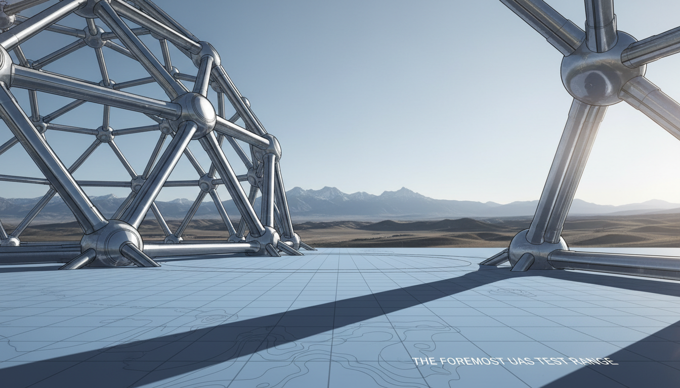 machined structural nodes. Background: a stylized, blueprint grid representing the Foremost UAS Test Range, with faint topographical lines. Lighting: bright natural lighting illuminating the metallic textures, conveying a highly educational and technical atmosphere.