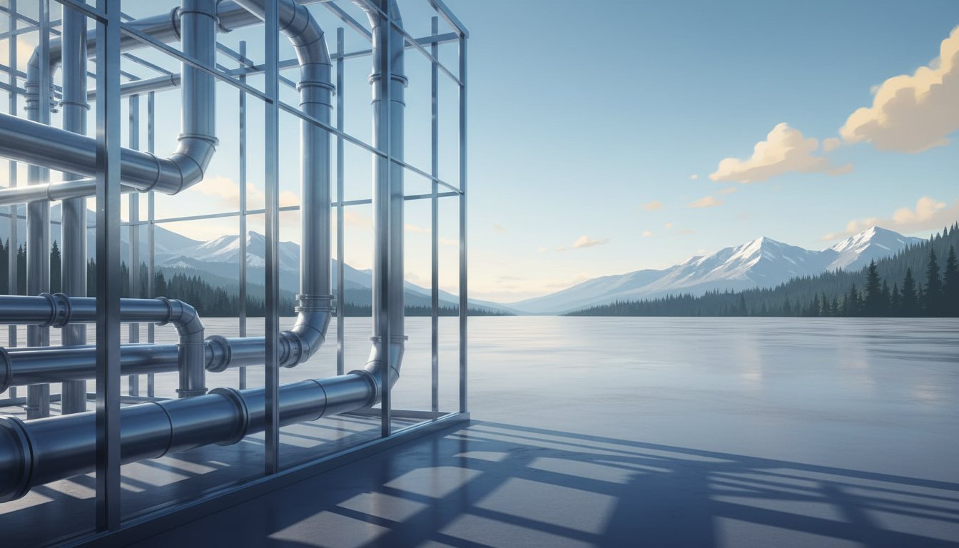 style overlay illustration. Foreground shows an intricate, glowing web of intersecting pipes and ventilation shafts resembling a metallic cage. Background features a smooth, expansive concrete foundation stretching toward a clean horizon. Lighting is a crisp, cool blue architectural glow.