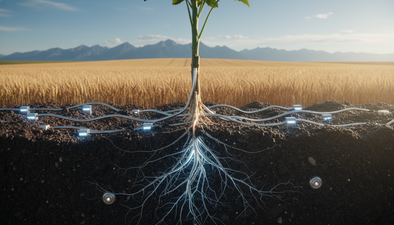 style overlay. Foreground: A glowing, transparent cross-section of soil revealing deep root systems intertwined with metallic, embedded moisture sensors. Background: A sprawling, golden wheat field stretching toward the horizon. Lighting: Bright natural lighting illuminating the technological elements from within, creating a clinical, educational atmosphere.