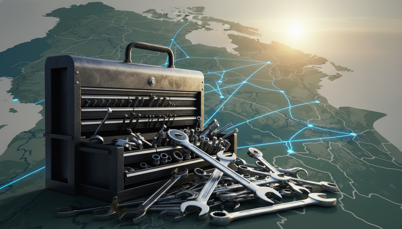 tiered mechanic's toolbox overflowing with gleaming, precision-milled wrenches and ratchets. Foreground: The metallic tools reflecting light. Background: A stylized, abstract topographic map of northern Alberta. Lighting: Bright natural lighting with glowing blueprint lines connecting the tools to the map. No text or numbers.