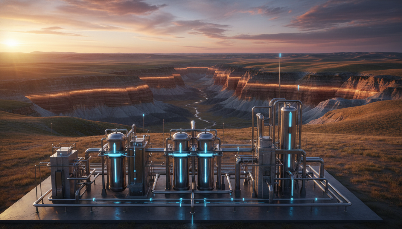 style overlay. Foreground: A stylized, multi-stage filtration and injection facility with directional flow arrows. Background: Abstract, layered geological strata representing deep aquifer zones. Lighting: Bright natural lighting.