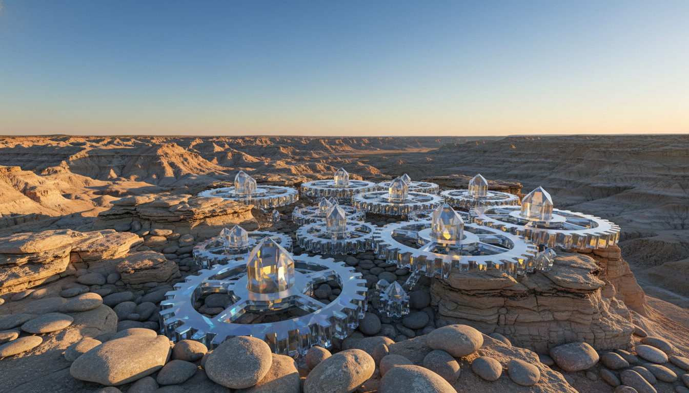 tech crystalline cogs. Foreground highlights the smooth interaction of stone and crystal, background features a vast, cloudless sky. Bright natural lighting casts clean, educational shadows. No text, numbers, or UI elements.