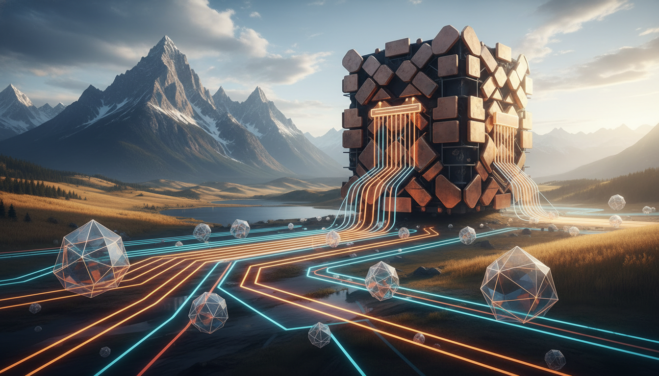 style overlay illustration. Foreground: Glowing electrical conduits routing energy from crystalline solar nodes. Background: A massive, stylized transformer core. Lighting: Bright natural lighting with glowing amber and cyan pathways illustrating energy flow. No text, numbers, or UI elements.